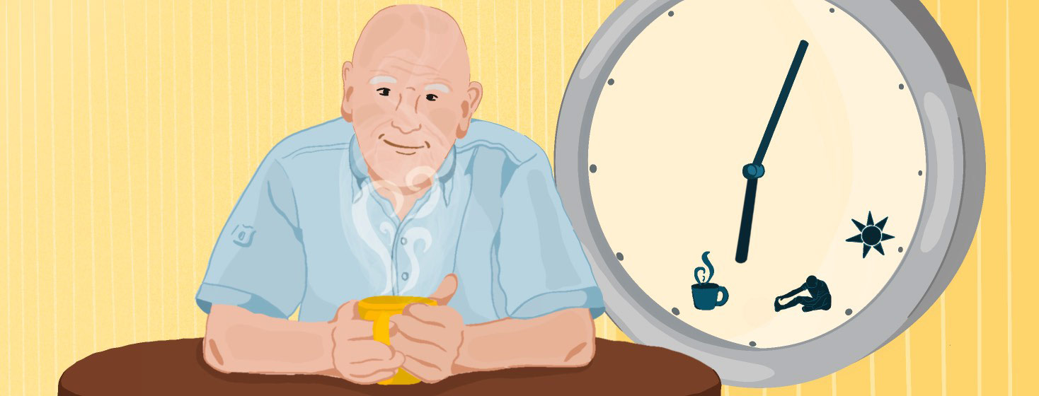 A man smiling and holding a steaming mug of tea in front of a clock showing a healthy daily routine.