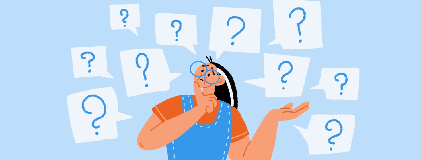 A confused woman surrounded by speech bubbles with question marks