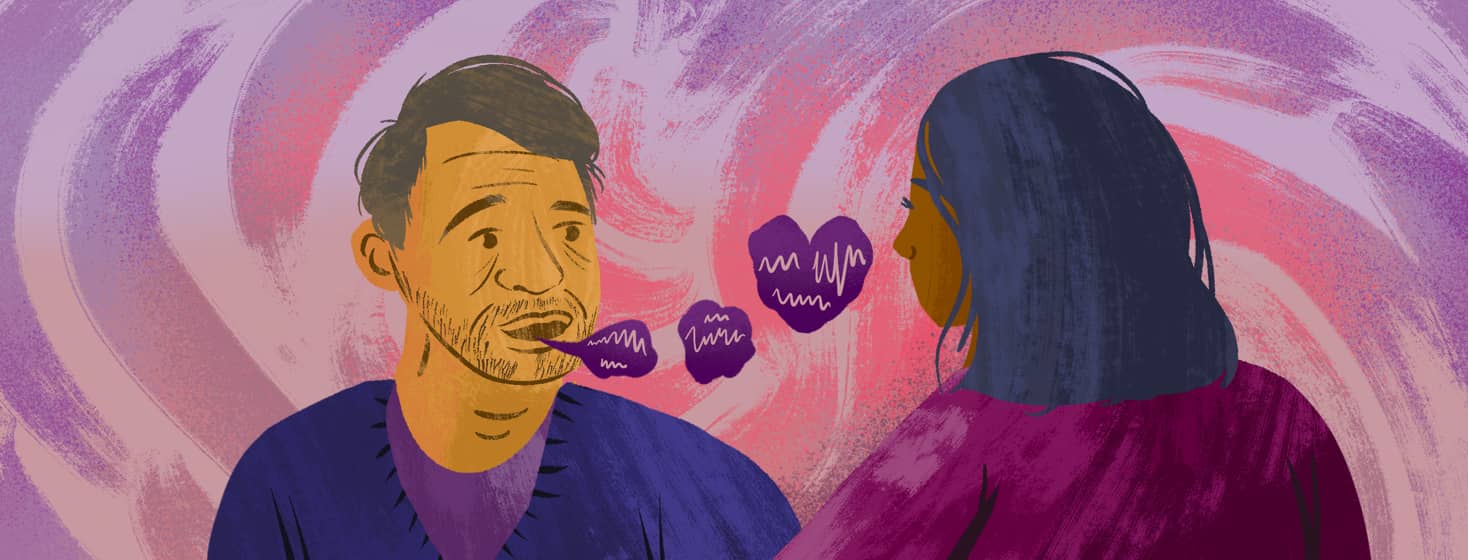 A senior man speaks to a person as wavy, wonky, and heart shaped speech bubbles leave his mouth