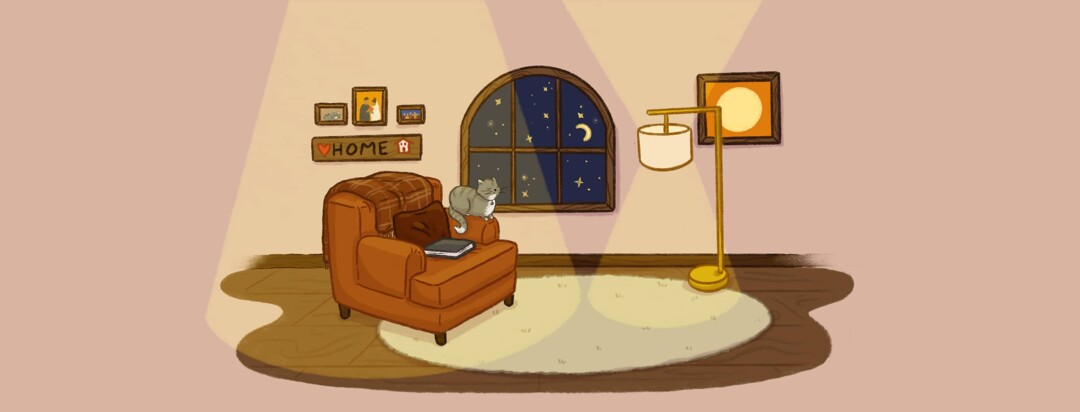 A warm living room with a red armchair, cat on the arm, blanket over the back, pillow and book on the seat in front of family photos and decor and a window showing the night sky, a floor lamp and the ceiling cast a soft warm yellow light on the scene, a round cream rug on the wood floors