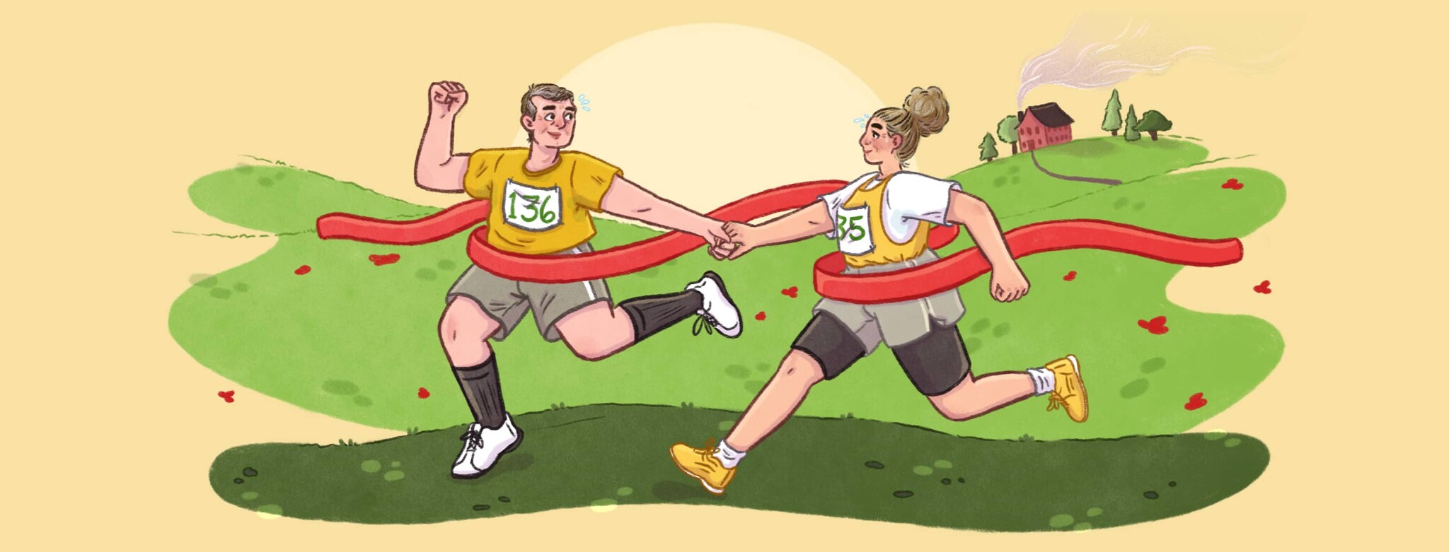 A man and a woman in their 60s wearing marathon numbers run through a red marathon ribbon holding hands in front of a sunny outdoor scene with a pink house in the distance