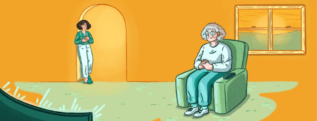 A woman with Alzheimers in an armchair watches tv with a window showing the sunrise behind her while her adult daughter watches her from the doorway drinking coffee