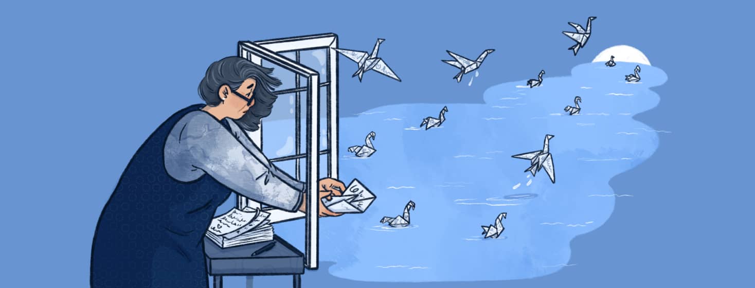 A woman stands over a desk with a stack of goodbye letters and folds one letter into an origami swan while leaning out the window, previous origami swans float away on the water and fly away