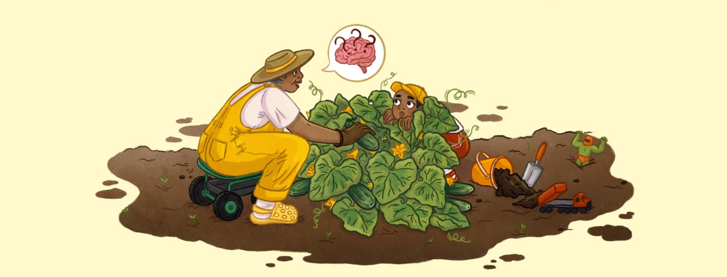 Older adult female gardener is talking to a small child that is hiding in a bush. Above her head is a speech bubble with a brain and question mark. Children, explaining Alzheimer's Disease. BIPOC