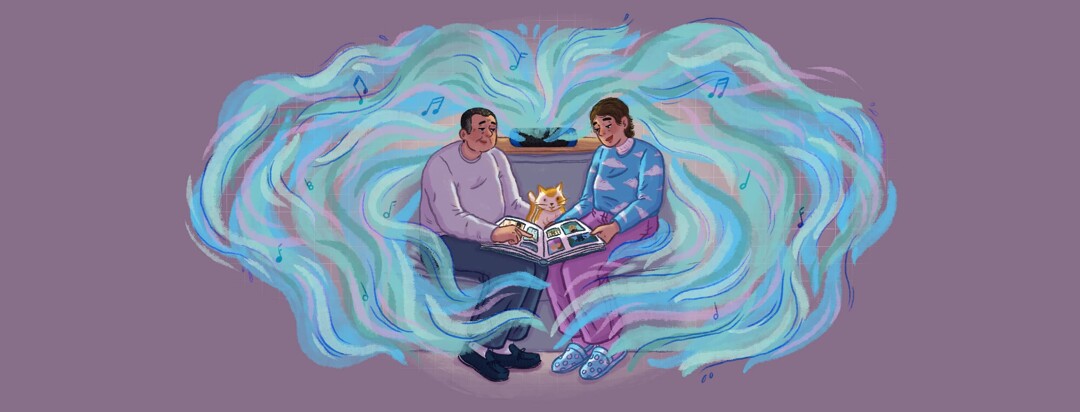 A senior male and adult female sit on a couch, dimly lit, with a cat and a photo album between them, a speaker is behind them emitting soft blue and lavender swirls of sound which surround them in a calming atmosphere