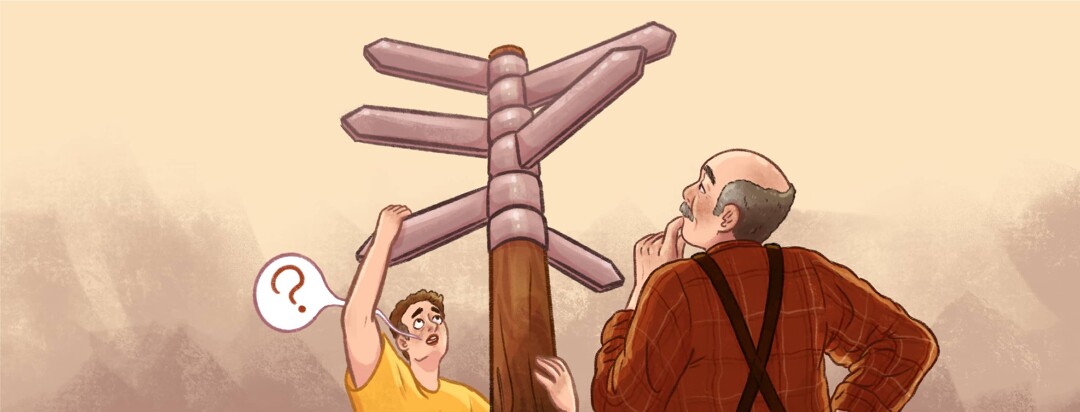 An adult male reaches up and grabs a directional arrow on a sign post containing multiple moveable directional arrows as he asks a question, a senior male is in the foreground looking up at the signs and considering which direction to make the arrow face