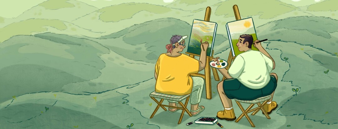 A senior female and adult male are painting landscapes on easels and sitting in a grassy valley