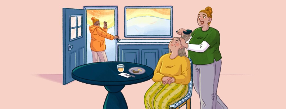 A woman sits in front of her eaten breakfast on a table while another woman brushes her hair, the woman's spouse is waving goodbye and walking out the door in the background
