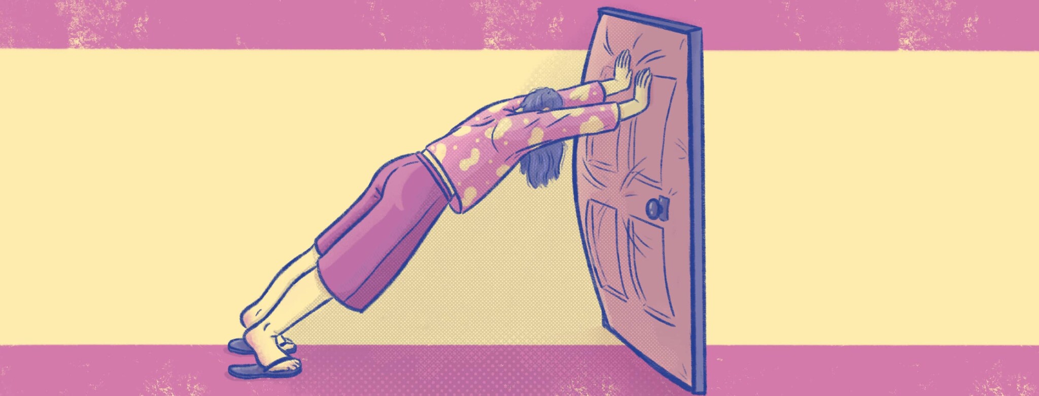 A person pushes into a bulging door threatening to burst open