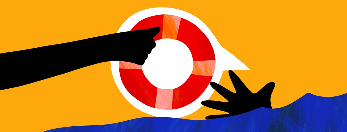 A hand holding out a circular life raft contained in a dialogue bubble coming from a hand that is submerged in water, asking for help