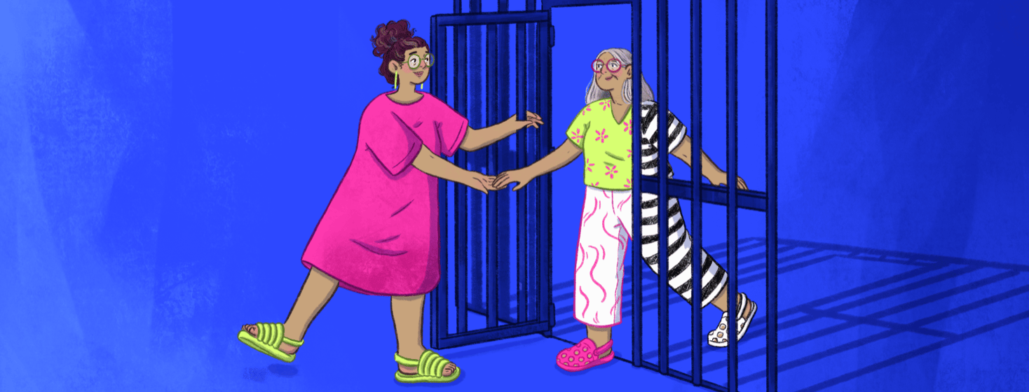 a woman holds open a jail cell door and helps her mother out of the cell as the mother's clothes change from strips to colorful patterns