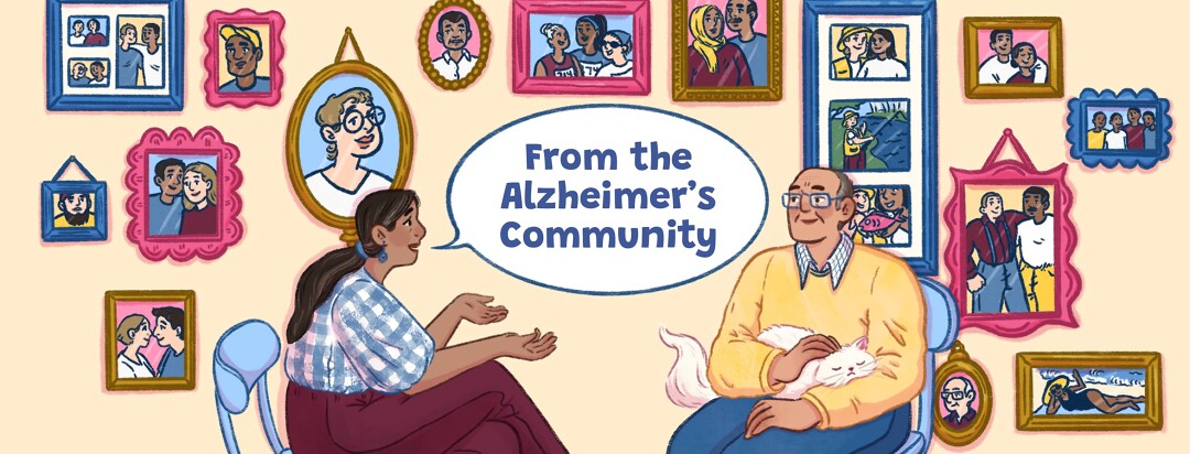 A woman is talking to a man with a cat on his lap, a speech bubble says "from the alzheimer's community", in front of a gallery wall of images