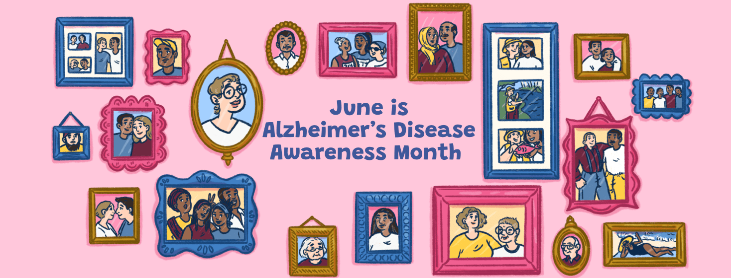 A gallery wall of framed photos that says "June is Alzheimer's Disease Awareness Month"