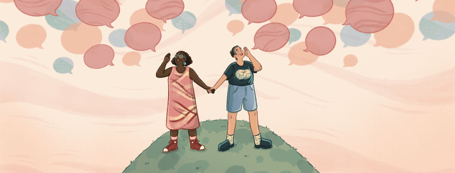Two people are holding hands on a hilltop and shouting out as many speech bubbles float above them