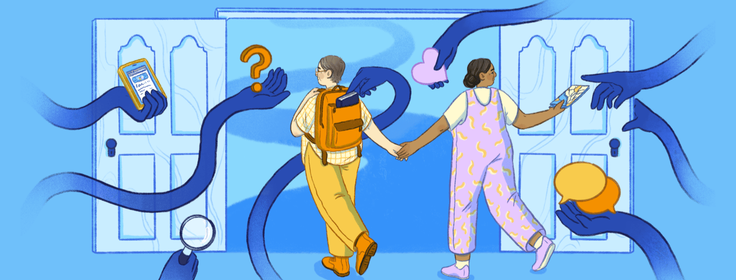 A couple is holding hands about to walk through the doors to a winding road, disembodied hands are giving them objects