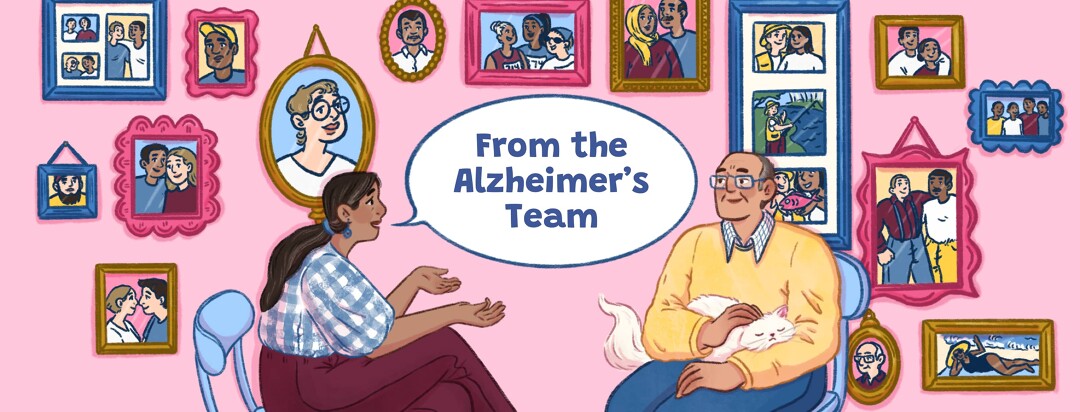 A woman is talking to a man with a cat on his lap, a speech bubble says "from the alzheimer's team", in front of a gallery wall of images