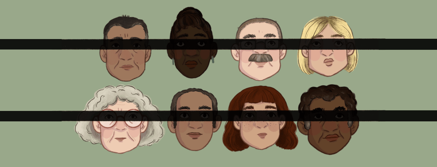 8 different faces are on a green background with shared dark censor bars across their eyes