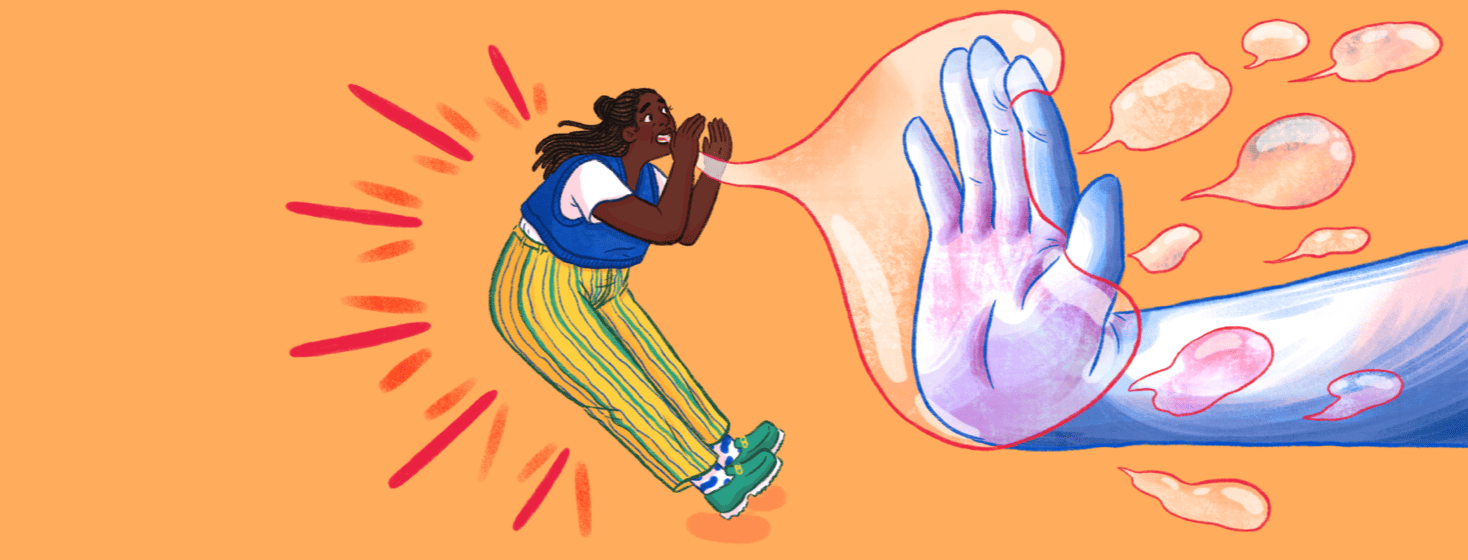 A woman shouts speech bubbles as a giant hand tries to stop them