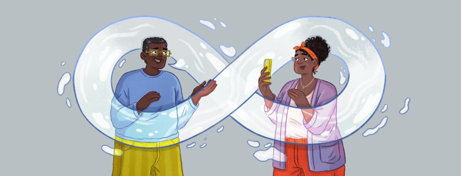 An older male and adult female face each other, the man has a speech bubble coming from his mouth that is shaped like an infinity symbol and wraps around them both, the woman is recording him speaking on her phone