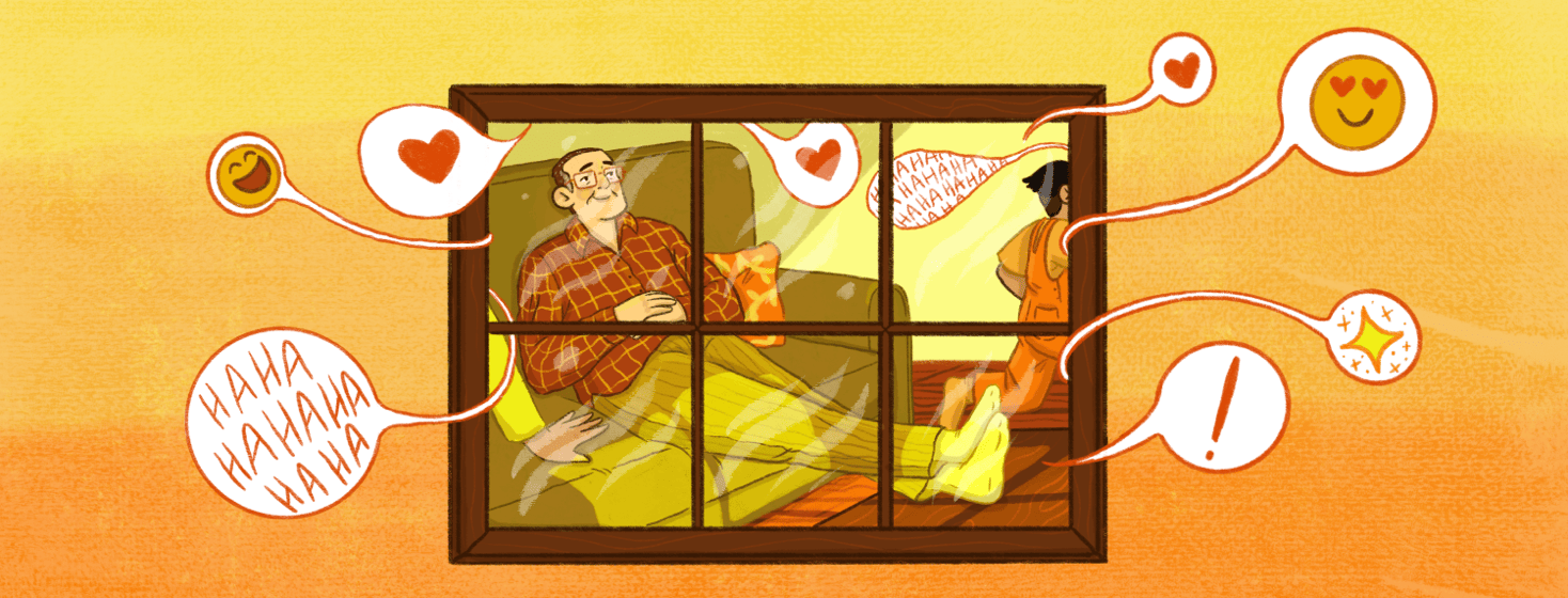 A window with a man relaxing on the couch, speech bubbles are floating around him and out of the window, a kid runs by in the background and a hand is leaning on the couch next to him