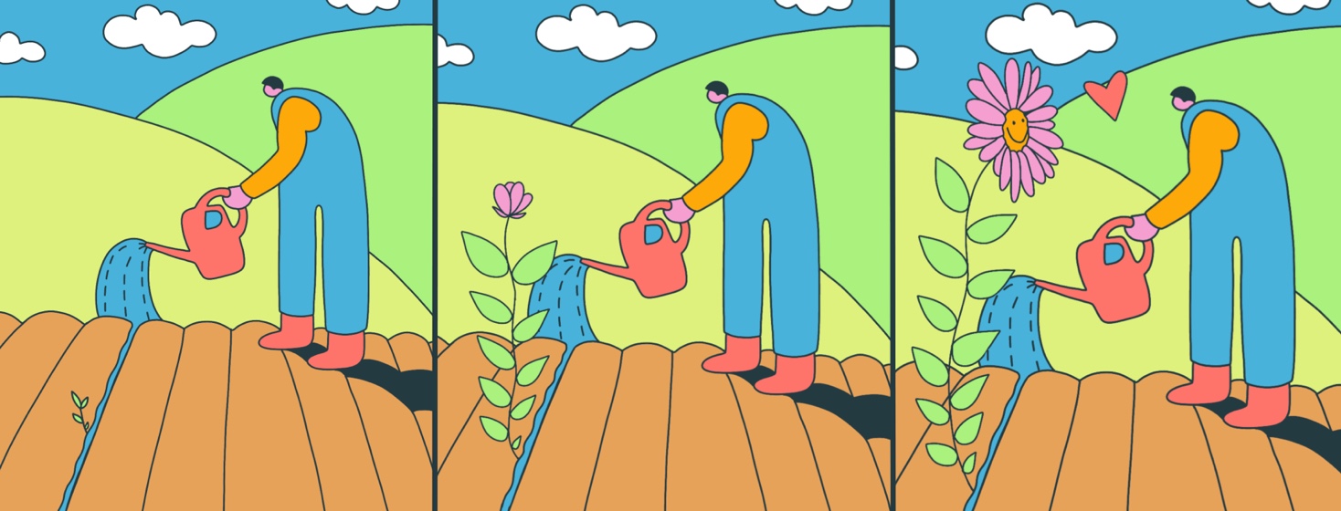 Three panels showing the gradual growth of a flower as a farmer waters it, with the final panel showing the flower happy and a heart shared between the two of them.