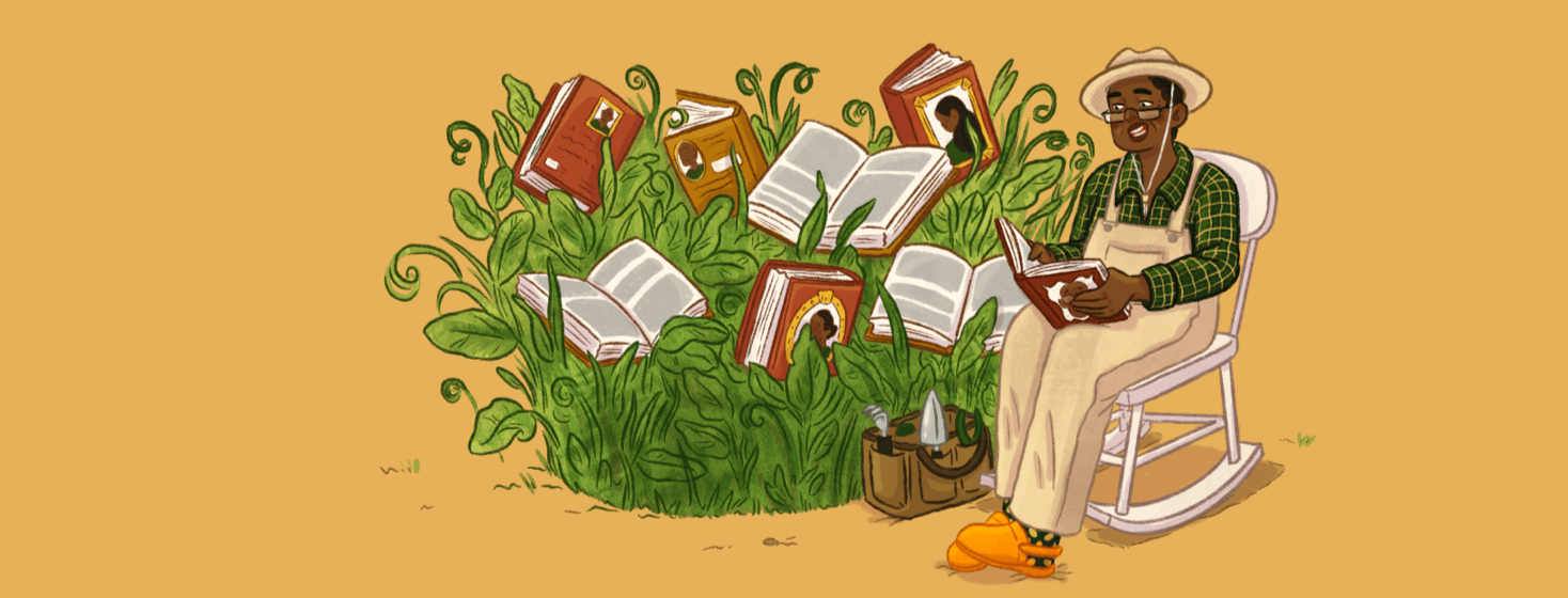 A person sits in a rocking chair reading a book in front of a garden of books