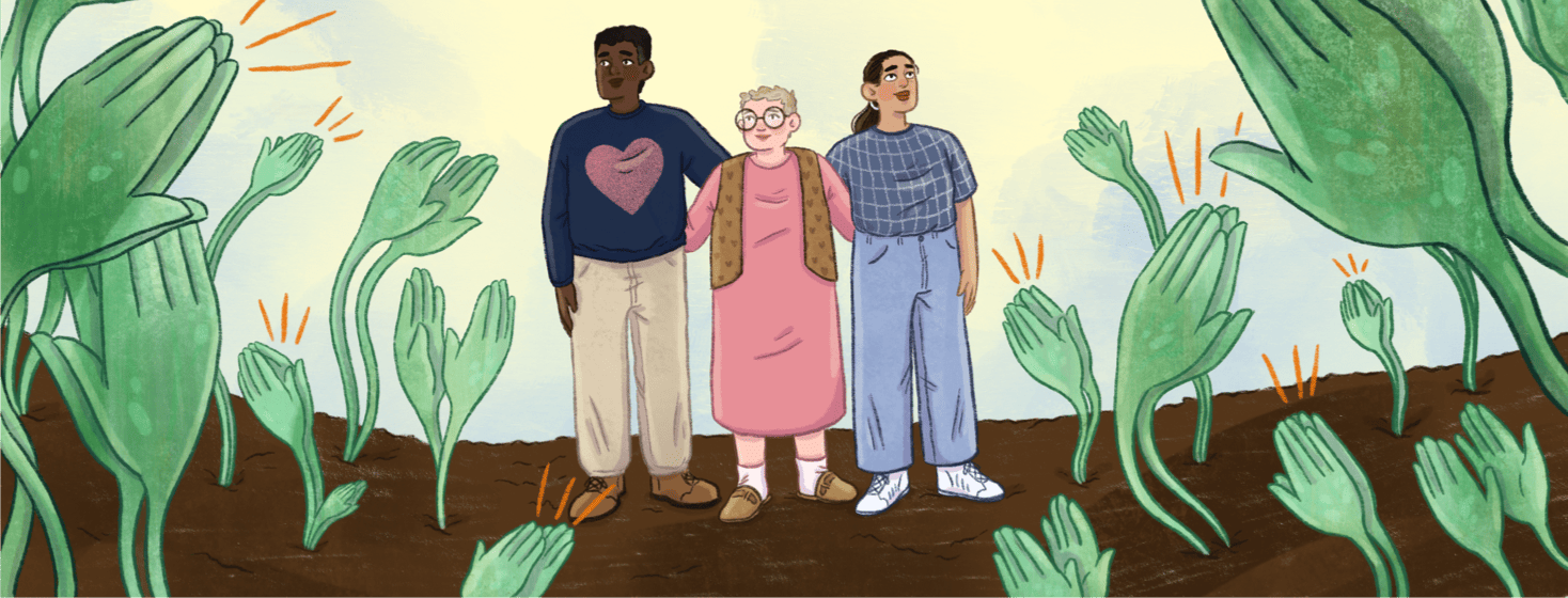 Three people stand in a garden of growing leaves that form clapping hands