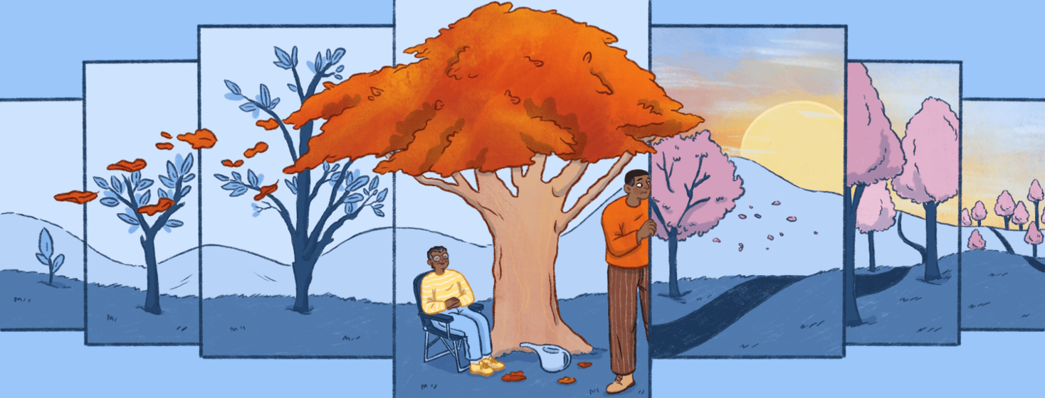 panels going from left to right show a landscape in various parts and seasons, in the center is a large tree with orange leaves and a man sitting under it while another man peaks out of the frame to the panel next to them
