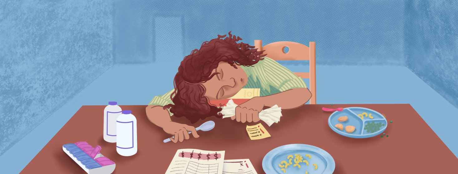 A woman with her head on the table surrounded by blls, pills, dinner, reminders, and to-do-lists.