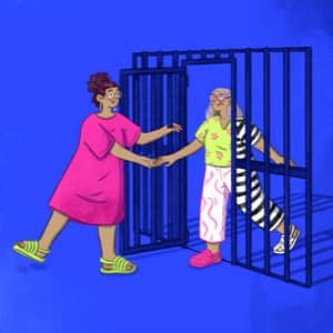 An adult female holds open a jail cell door and helps her senior female mother out of the cell as the mother's clothes change from strips to colorful patterns