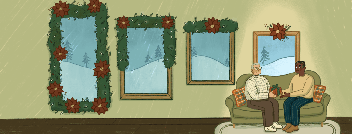 4 windows decorated with garland and poinsettias show a snowy landscape from left to right, they get progressively smaller and less decorated, in front of the smallest window two men exchange a gift