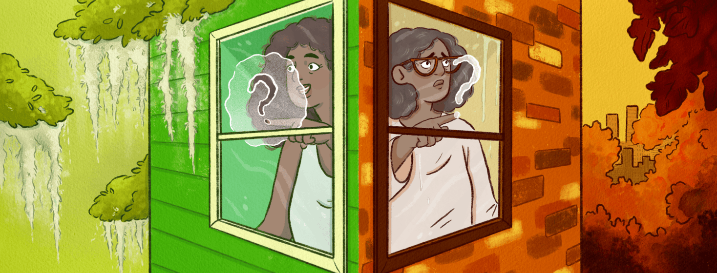 A split image showing a young woman on the left looking out of a window and drawing a question mark and the woman older on the right in a different setting drawing a question mark on the window