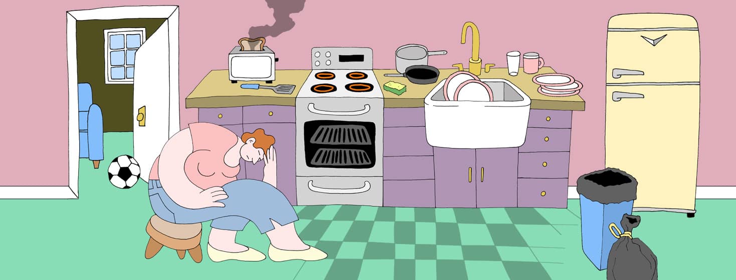 a woman is resting on a stool overwhelmed cooking in the kitchen