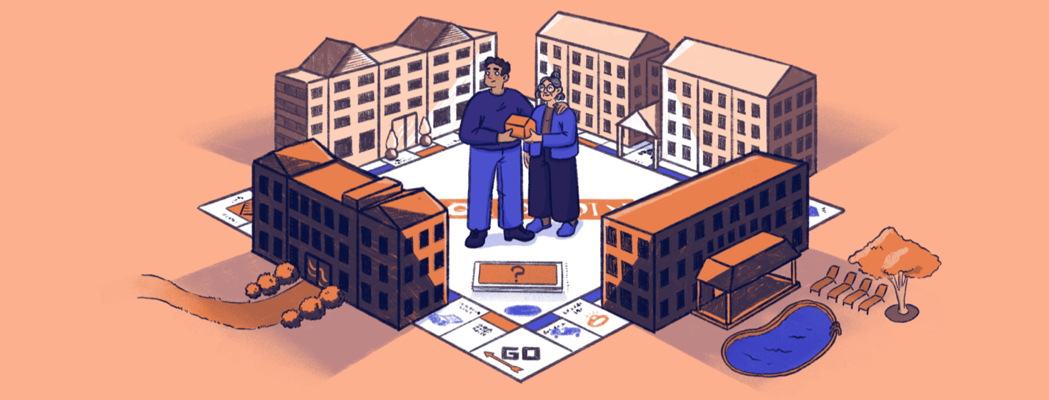 A male caregiver and a senior female stand in the middle of a game board holding a piece shaped like a house, around the edges of the board are 4 senior housing buildings