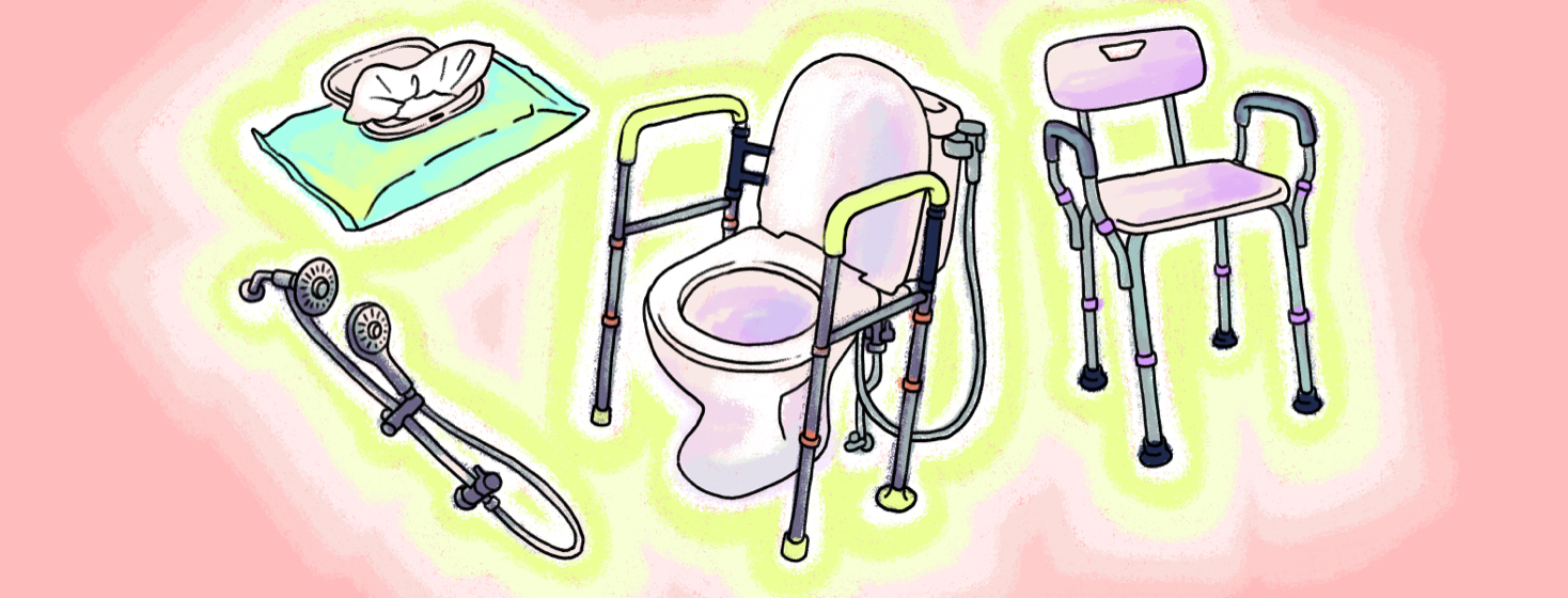 A toilet with a safety frame, grab bar and bidet attachment, a packet of disposable washcloths, a detachable shower head and shower chair.