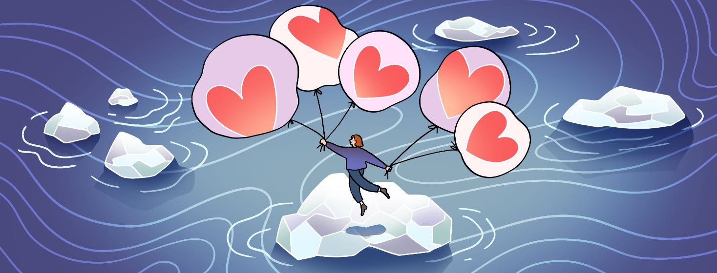A woman holds onto giant balloons with hearts that lift her off of an iceberg in the middle of an ocean.