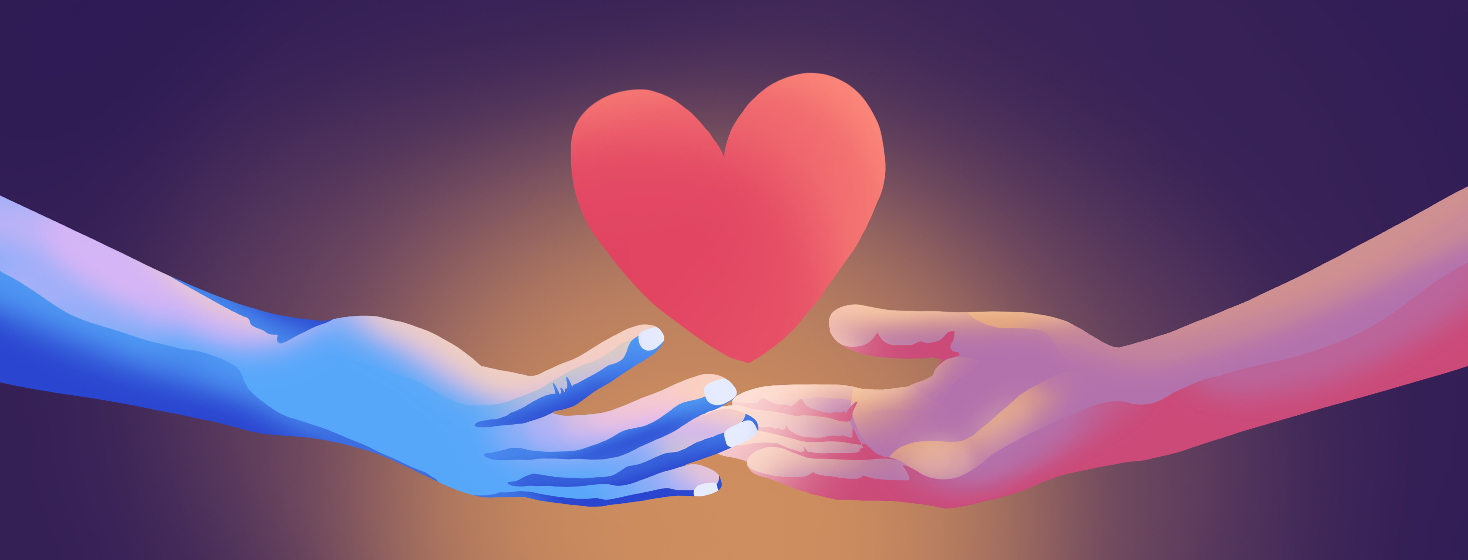 One hand reaches out towards another as a glowing heart floats between them.