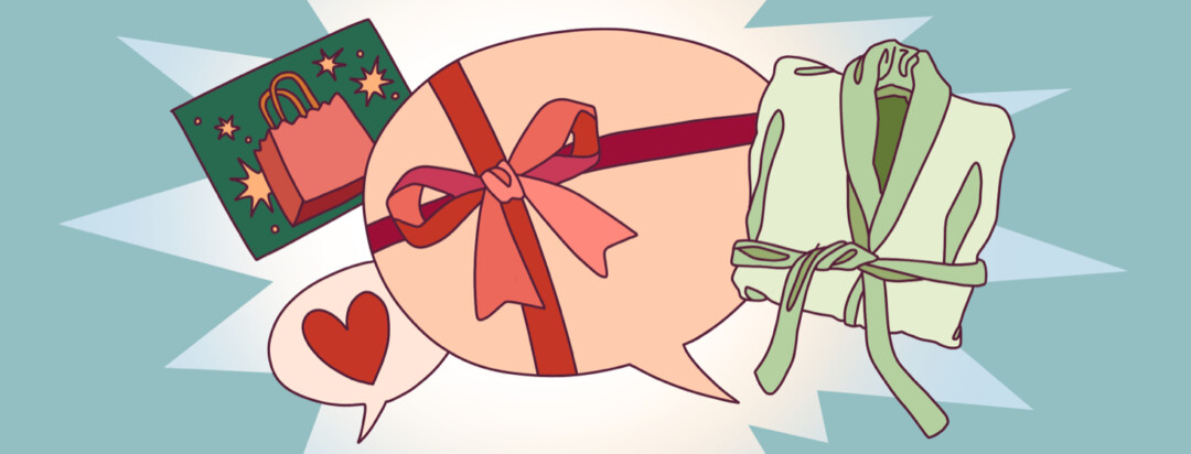 A speech bubble wrapped with a bow next to a spa robe, gift card and heart.