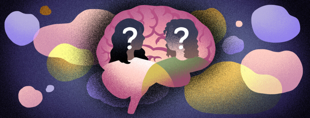 Question marks cover the faces of two people inside the silhouette of a brain.