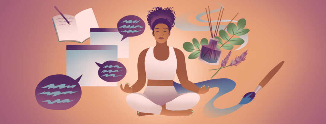 A woman sits in a meditative yoga pose as a journal, browser windows, aroma diffuser, and paintbrush float around her representing different self-care practices.