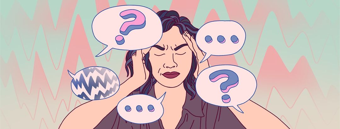 A woman looks frustrated as speech bubbles with question marks and static float around her, as she struggles to speak.
