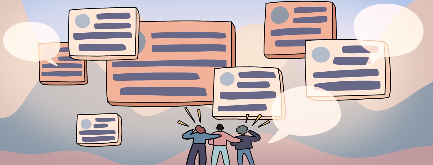 Three people shout out into the sky and look up at a floating speech bubbles in front of floating forum posts and speech bubbles.