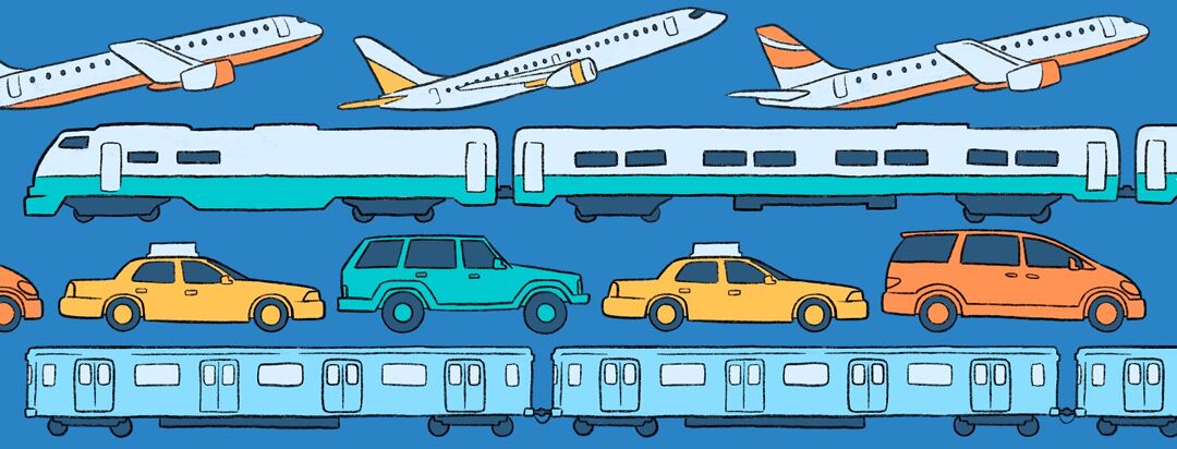 Cars, planes, a train, and a subway in 4 single file lines across the image.