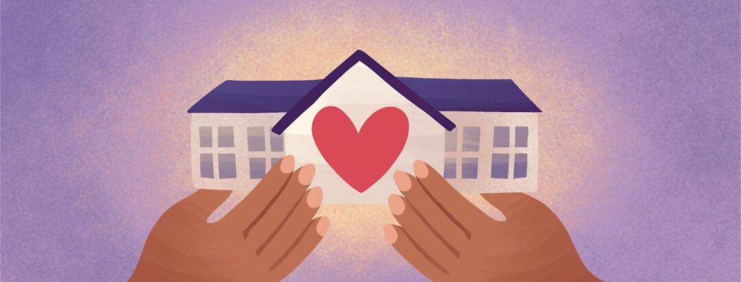 Two hands hold up a senior care home building with a heart in the center.