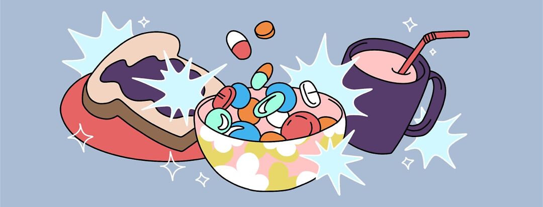 A colorful bowl full of gummies and pills next to a smoothie in a mug and a piece of toast with jam on a plate.