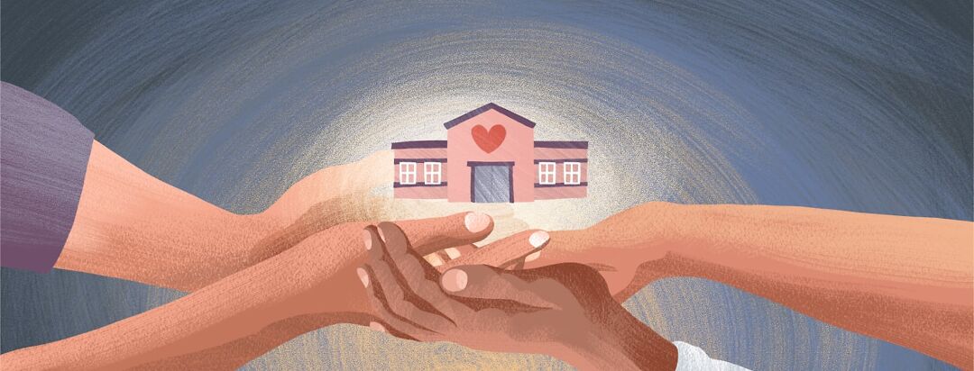 The hands of many family members hold up a miniature nursing home facility with a heart symbol.