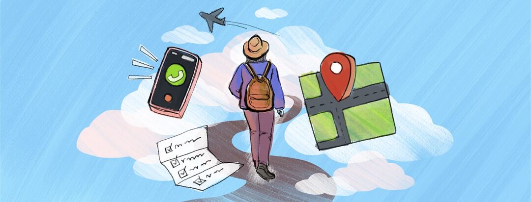 A woman with a backpack walks on a path surrounded by clouds showing an airplane, a phone, a to-do list, and a GPS navigating screen.