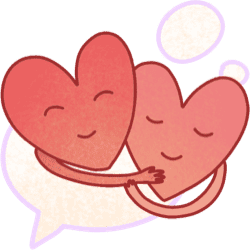 A speech bubble with two hearts hugging.