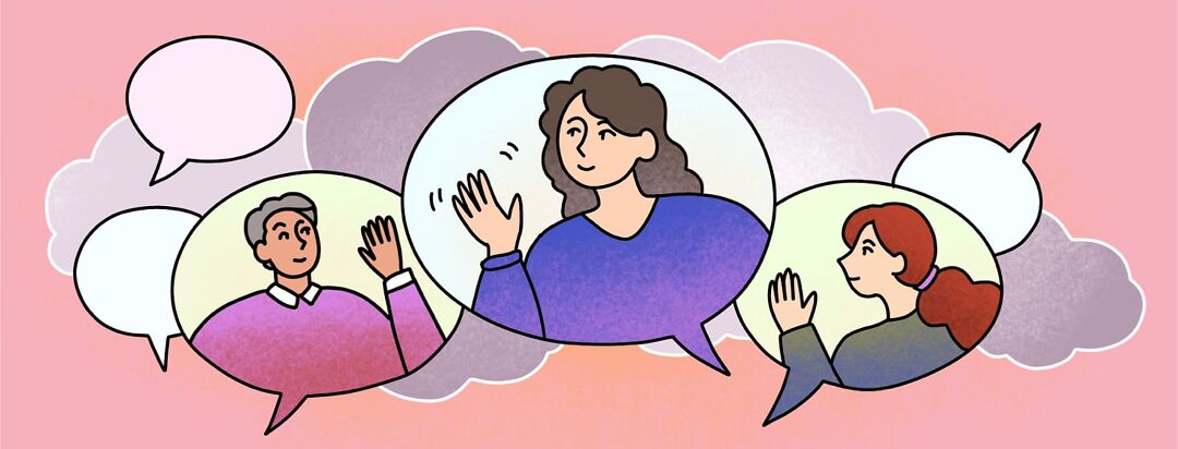 People inside speech bubbles smile and wave at each other.