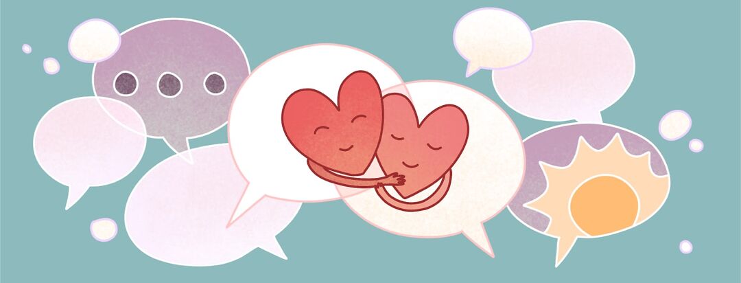 A bunch of speech bubbles show an ellipsis, sun, and two hearts hugging each other.